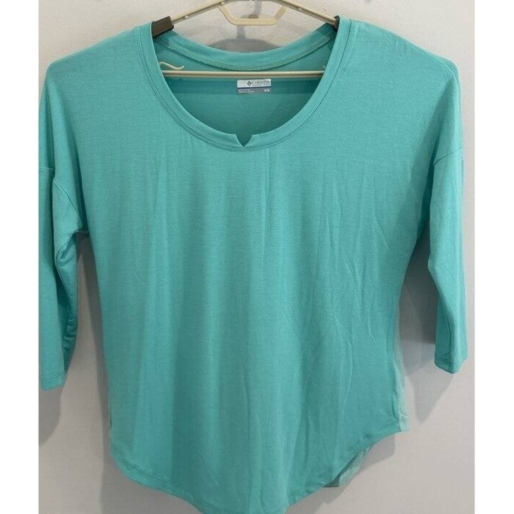 Columbia PFG Womens Aqua Blue Scoop Neck Shirt 3/4‎ Sleeve Drop Shoulder Size M